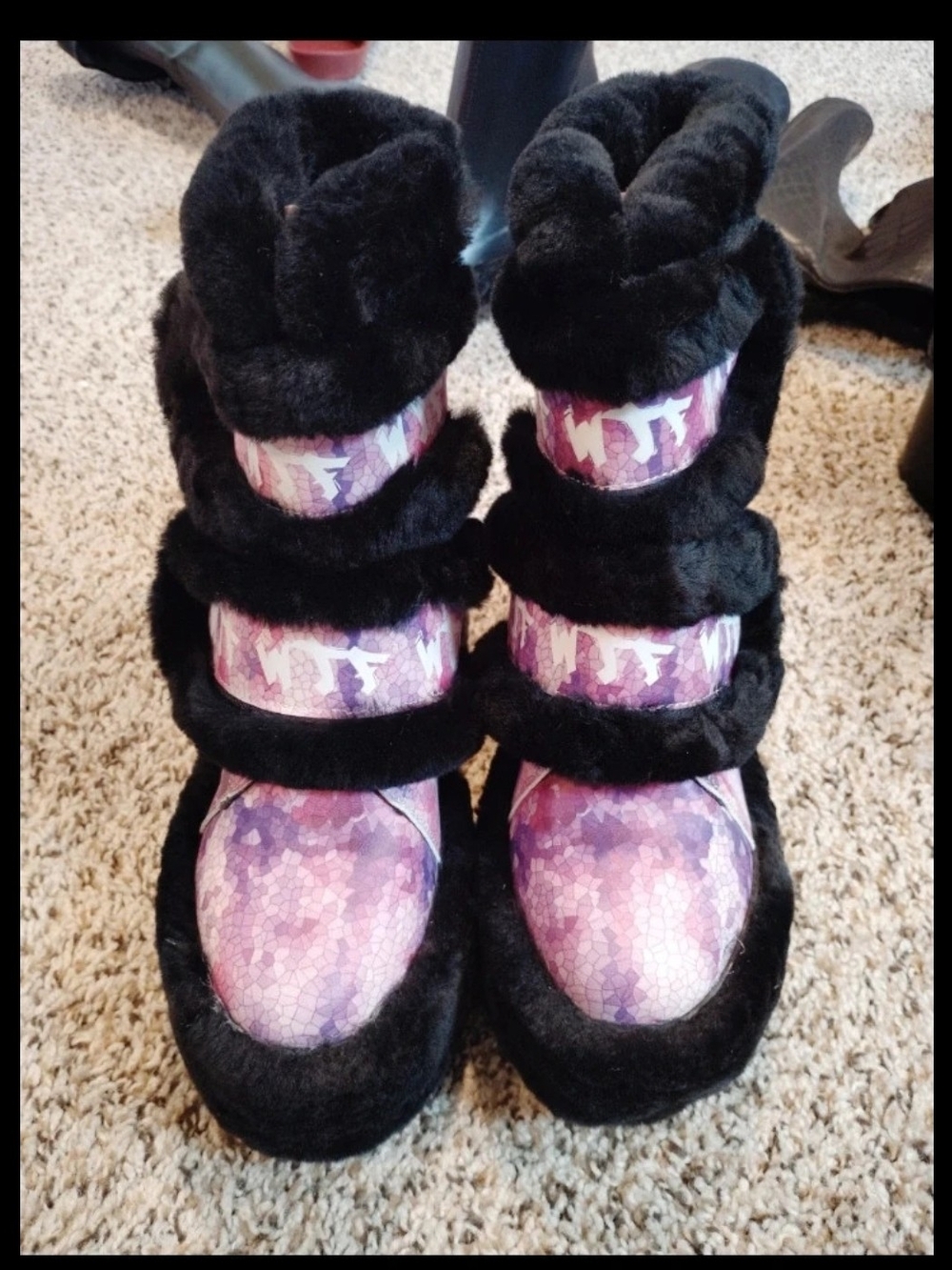 Women's Black Faux Fur Winter Boots with Purple Patterned Upper